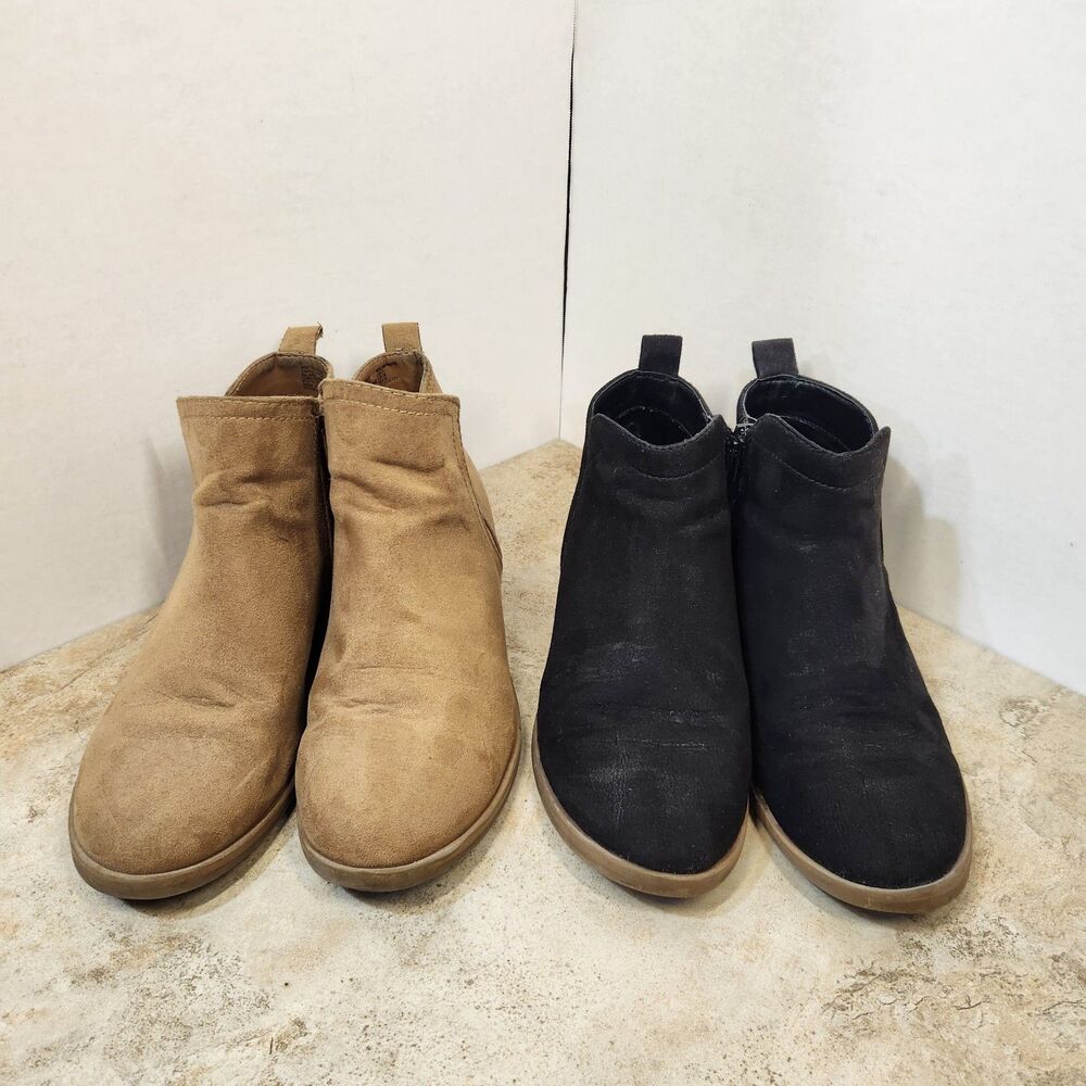 Women's size 7 Suede Ankle Booties Lot of 2 Almond Toe Zip Closure Black Tan